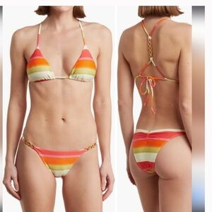 VIA Paula Hermanny Hiva Greta T-back bikini top orange pink stripe size M NWT